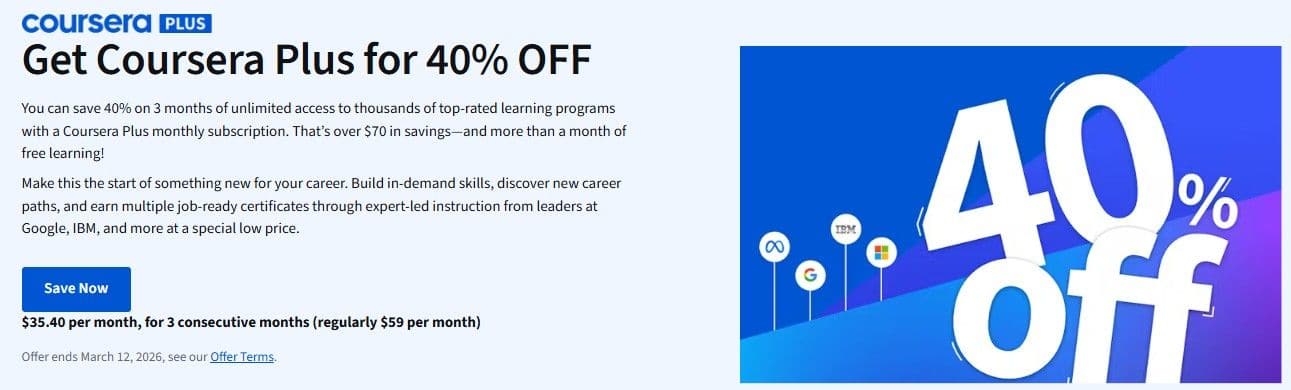 Get 40% OFF on Coursera Plus